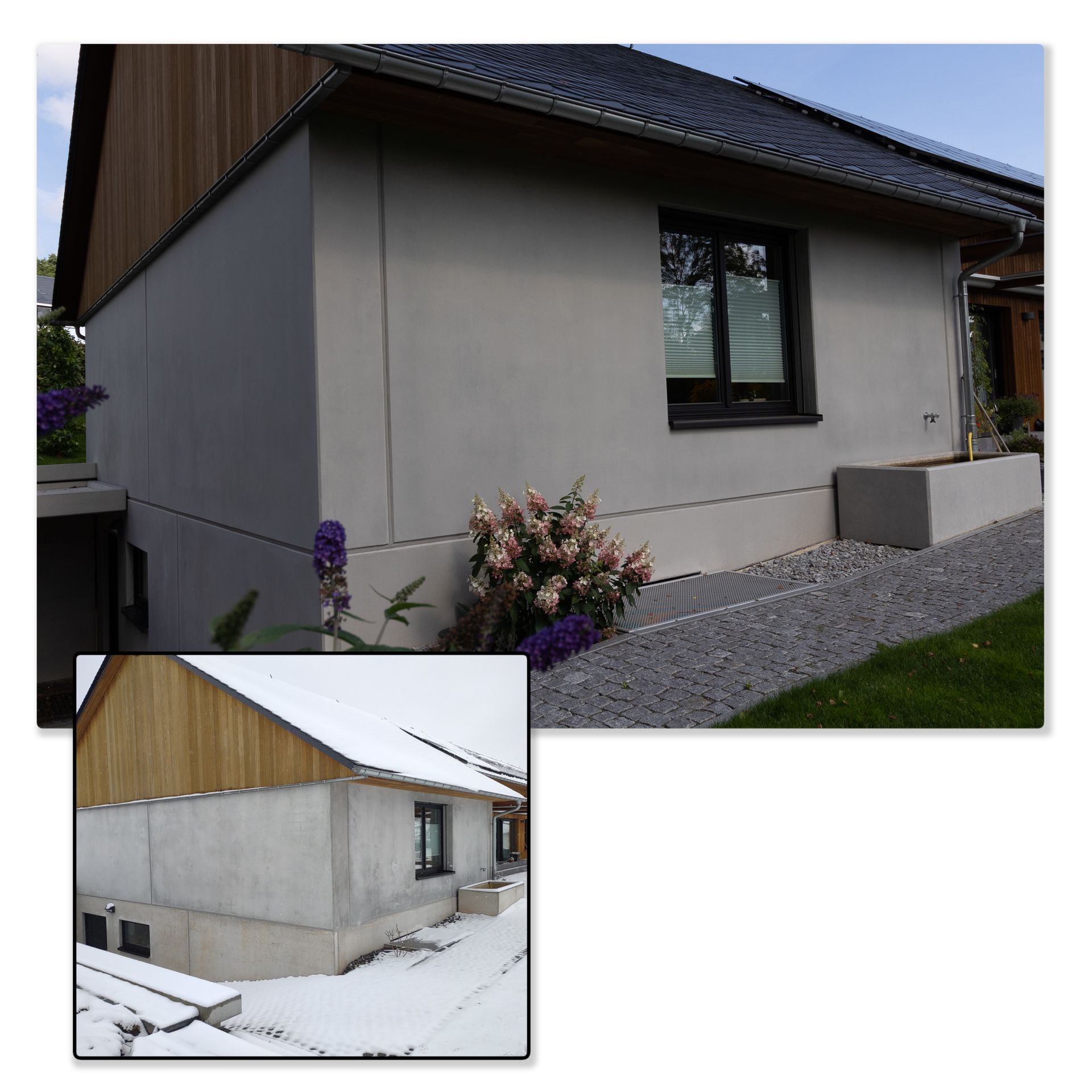 Sichtbetonfassade eines Wohnhauses im Farbton Hellgrau verschönert mit Betonkosmetik