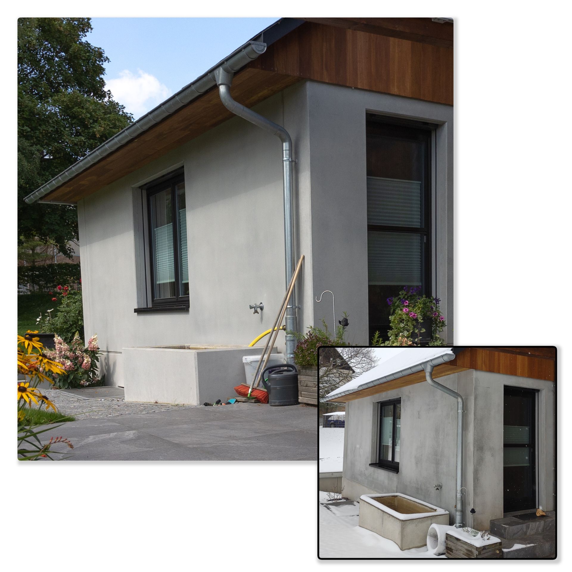 Sichtbetonfassade eines Wohnhauses im Farbton Hellgrau verschönert mit Betonkosmetik