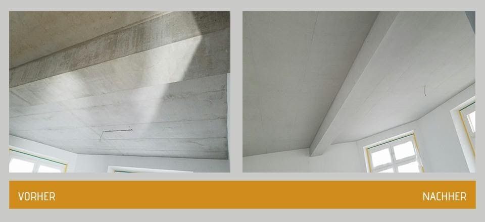 Eine Sichtbeton Decke wurde behandelt mit Betonkosmetik - vorher nachher