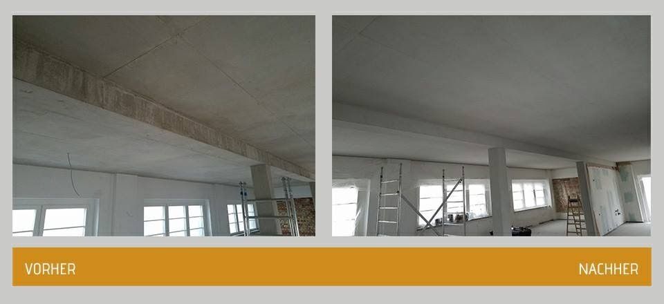 Eine Sichtbeton Decke mit Betonunterzug wurde behandelt mit Betonkosmetik - vorher nachher