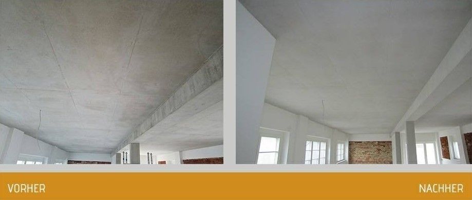 Eine Sichtbeton Decke wurde behandelt mit Betonkosmetik - vorher nachher