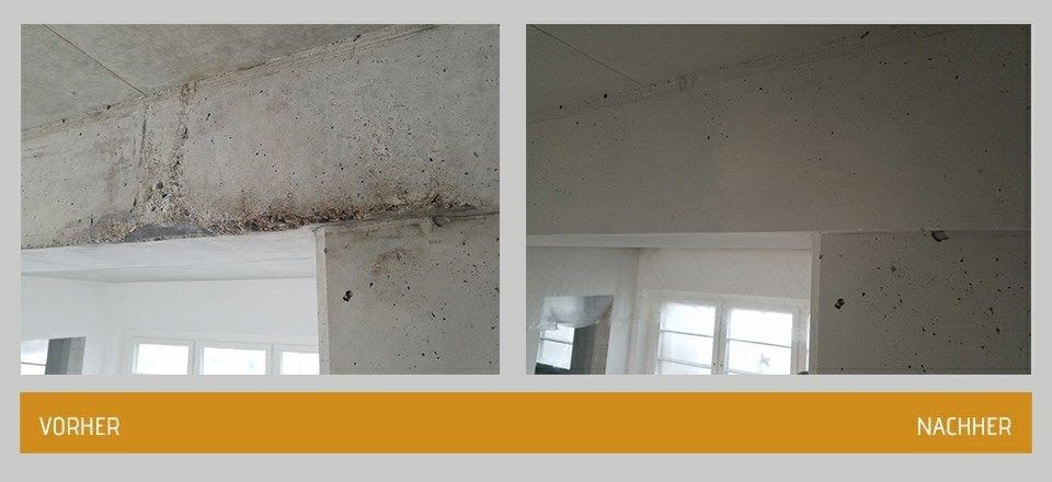 Eine Sichtbeton Decke wurde behandelt mit Betonkosmetik - vorher nachher