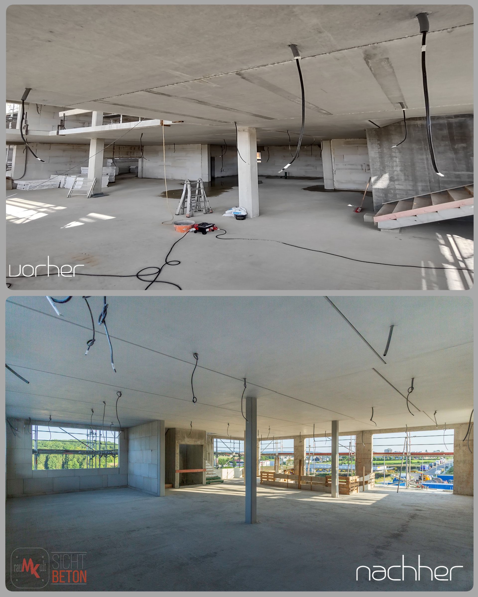 Eine Sichtbeton Decke wurde behandelt mit Betonkosmetik - vorher nachher