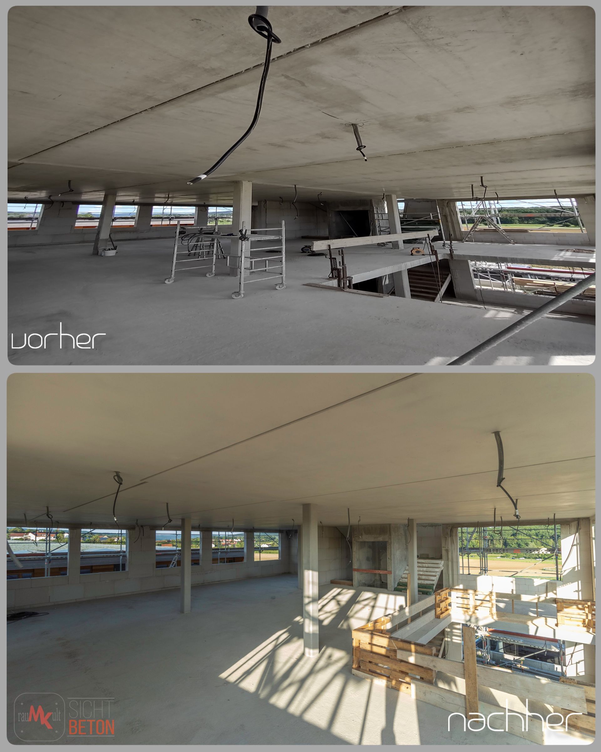 Eine Sichtbeton Decke wurde behandelt mit Betonkosmetik - vorher nachher