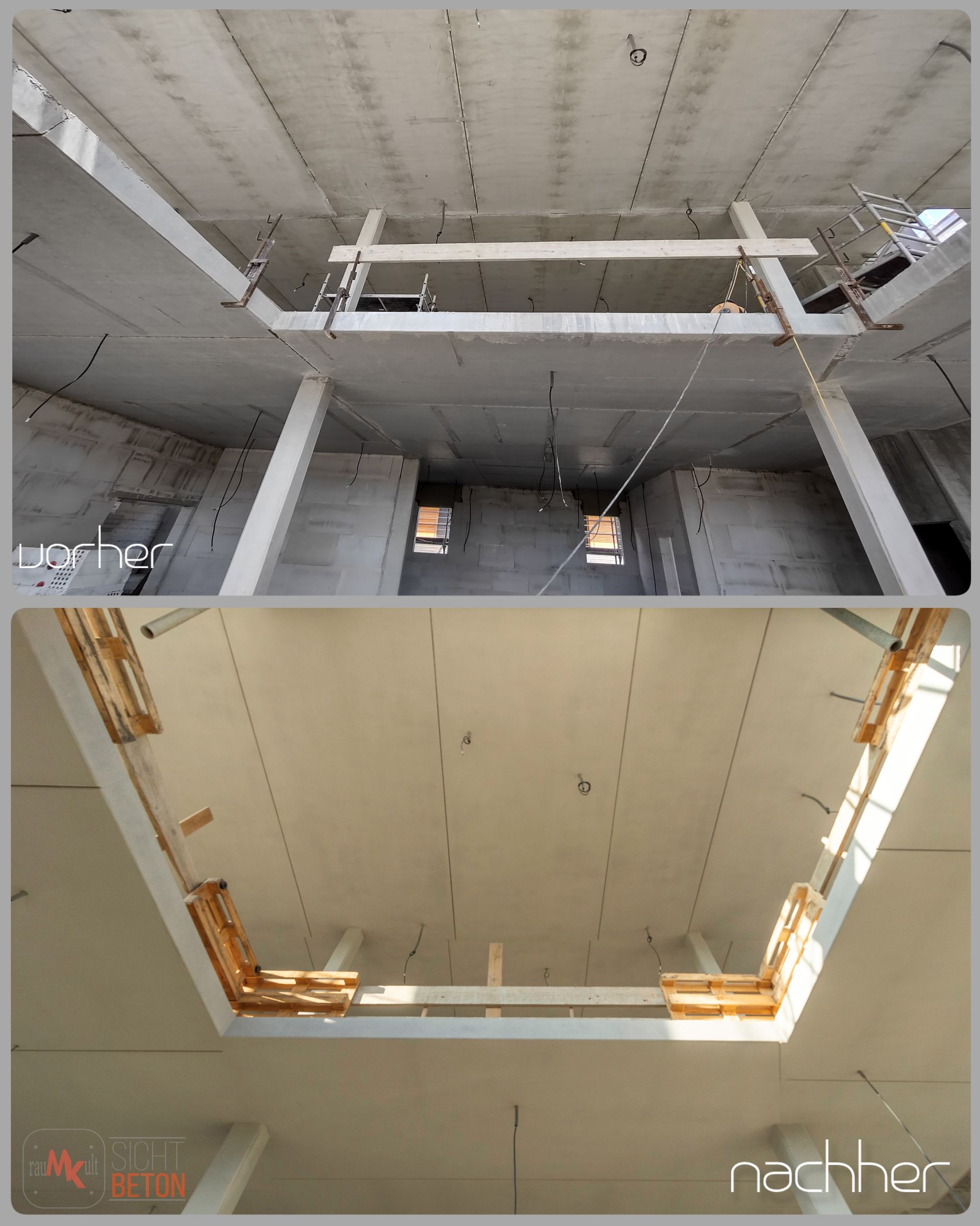 Eine Sichtbeton Decke wurde behandelt mit Betonkosmetik - vorher nachher