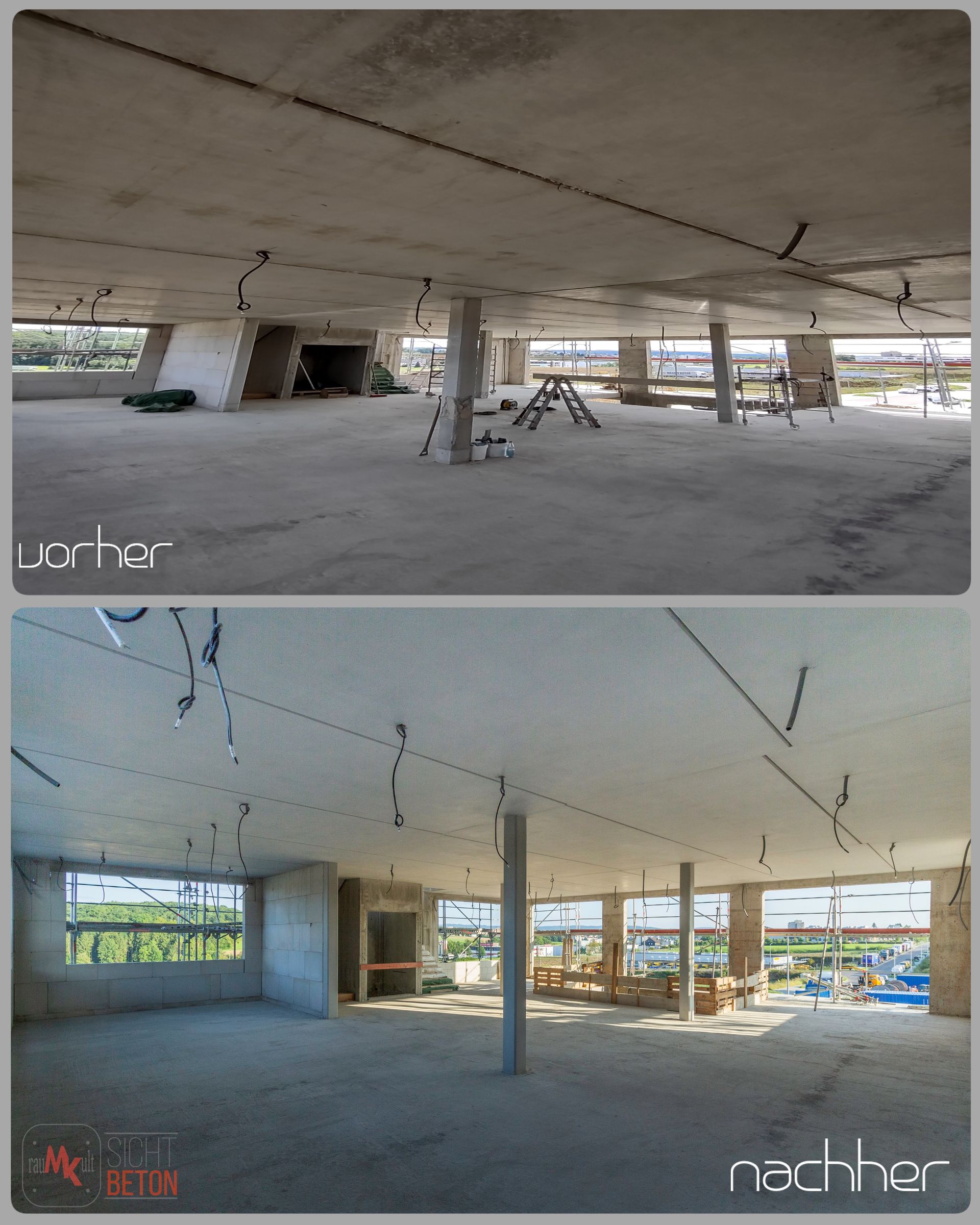 Eine Sichtbeton Decke wurde behandelt mit Betonkosmetik - vorher nachher