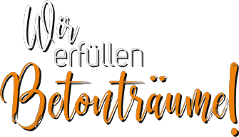 ein slogan von raumKult sichtbeton in Weiß und orange mit den Wörtern - Wir erfüllen Betonträume