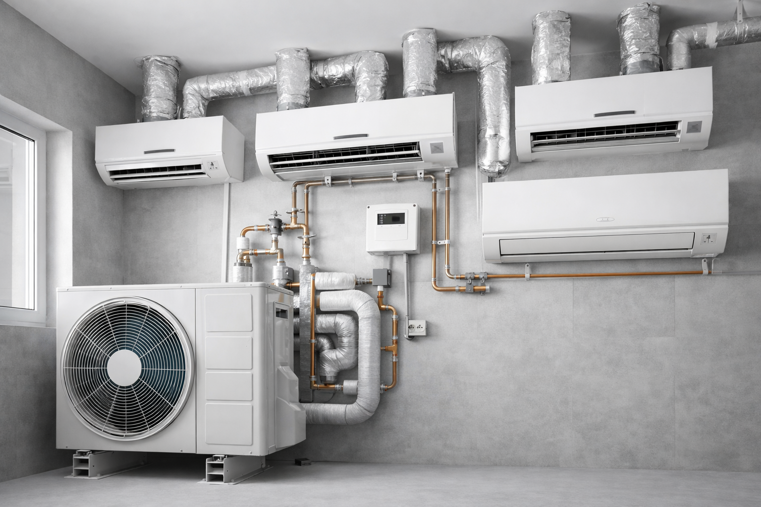 Un'unità pompa di calore bianca collegata a quattro unità interne HVAC a parete tramite tubazioni in rame e condotti isolati su una parete.
