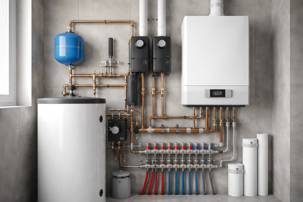 Un impianto di riscaldamento domestico con caldaia bianca, un grande serbatoio, tubature in rame e un collettore di distribuzione su una parete piastrellata.