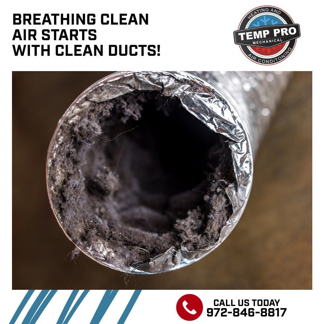 A picture of a dirty duct that says breathing clean air starts with clean ducts