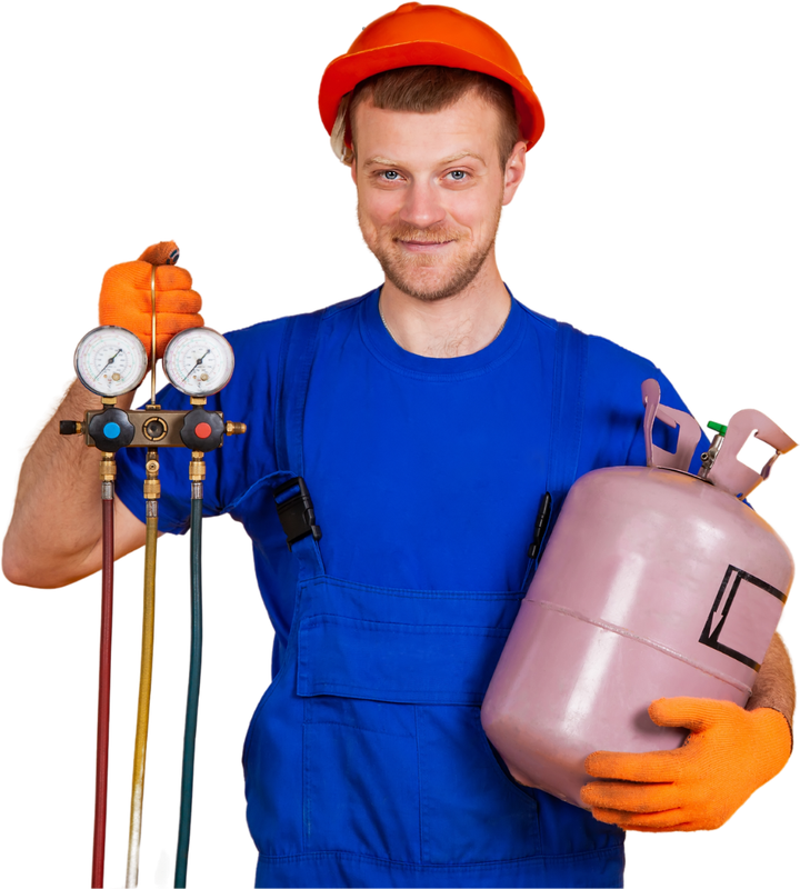 A man in a hard hat is holding a cylinder of gas