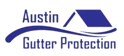 Logo for Austin Gutter Protection. Blue text and graphic. Curved blue line with the words "Austin" and "Gutter Protection" and a house roof.