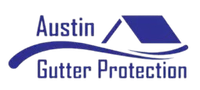 Logo for Austin Gutter Protection. Blue text and graphic. Curved blue line with the words "Austin" and "Gutter Protection" and a house roof.
