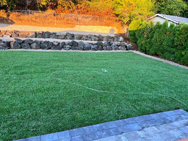 A lush green lawn with a stone wall and a house in the background.