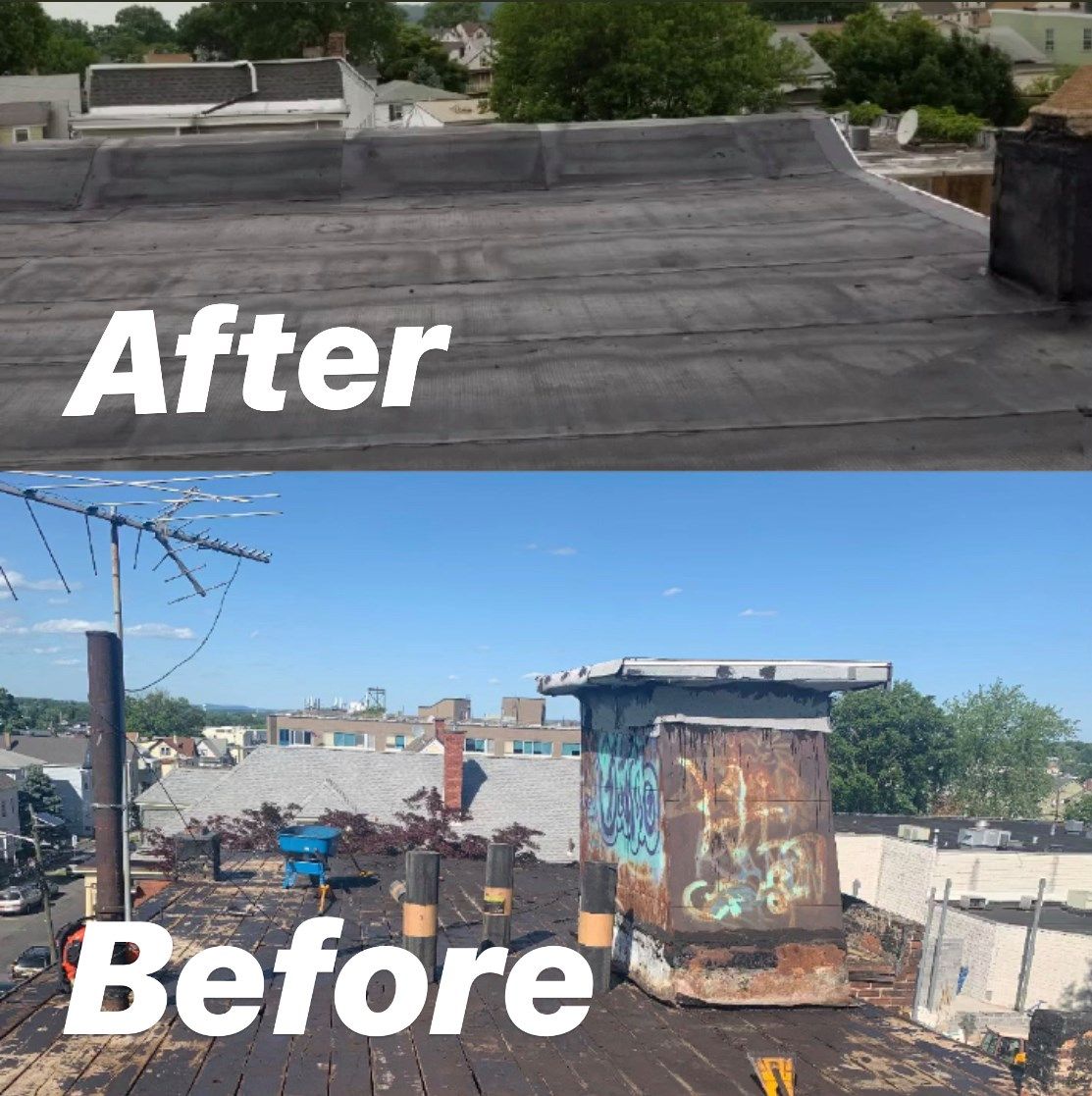 Comparison of a flat roof before and after repair. Before: old and worn. After: new and smooth.