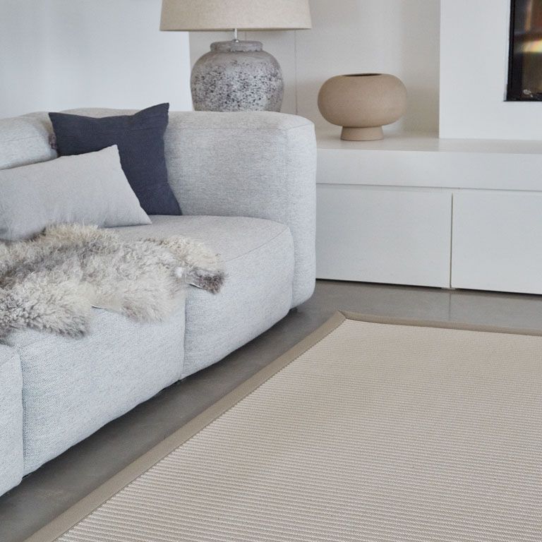 A living room with a couch and a rug