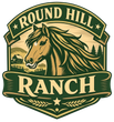 Logo for Round Hill Ranch: A horse with flowing mane, mountains, and a cabin, in shades of green and gold.
