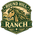 Logo for Round Hill Ranch: A horse with flowing mane, mountains, and a cabin, in shades of green and gold.