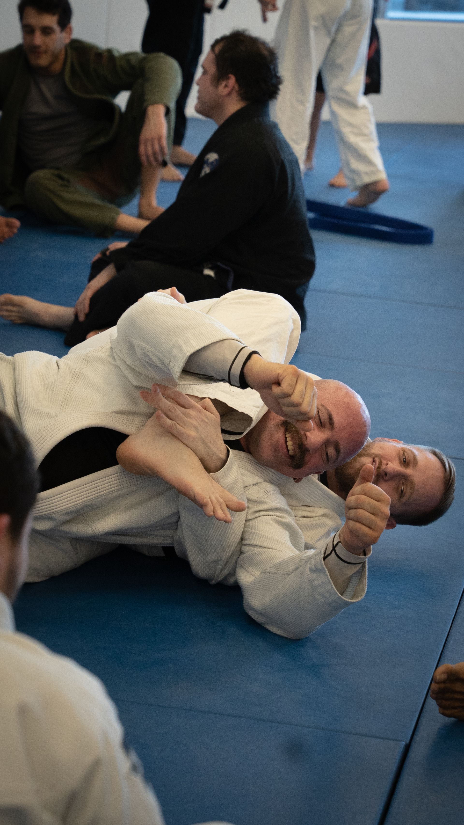 Adults practicing controlled grappling drills at Montgomery Brazilian Jiu-Jitsu in Montgomery, NJ.