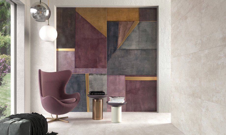 zona living con rivestimento in gres porcellanato della serie fresco di naxos ceramiche