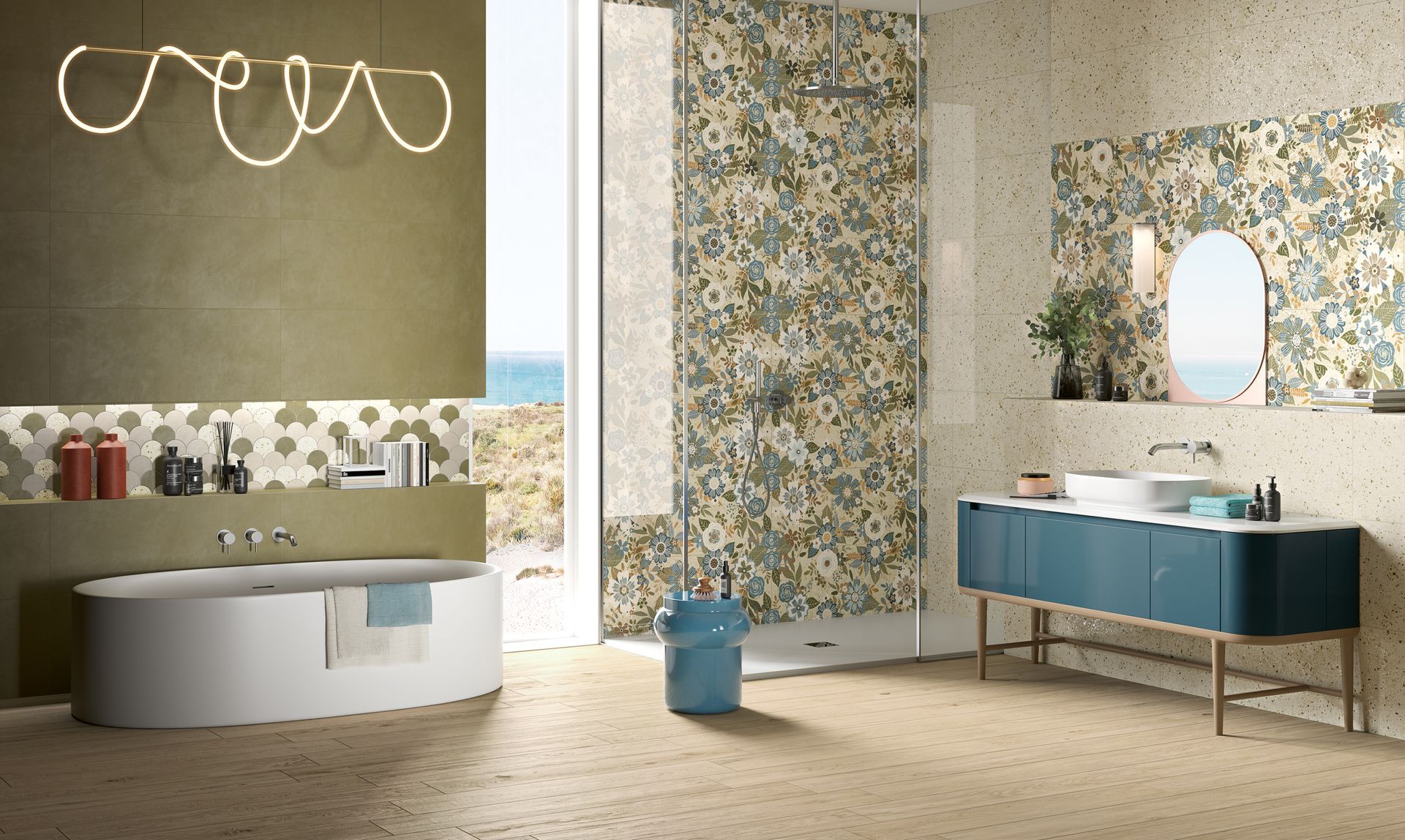 Pavimento e rivestimento bagno in gres porcellanato della serie Chromatica di Naxos ceramiche