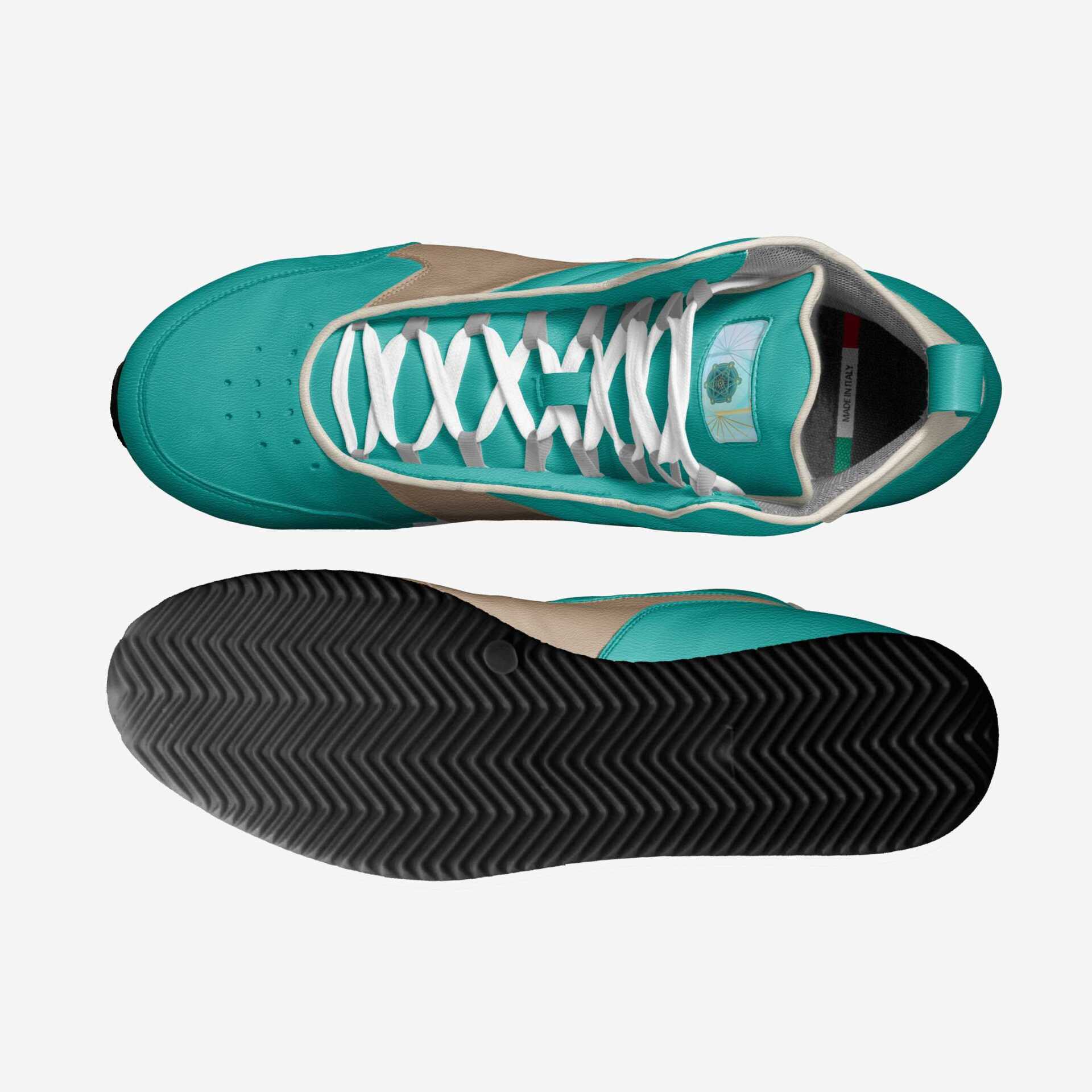 the top and bottom of a pair of teal shoes