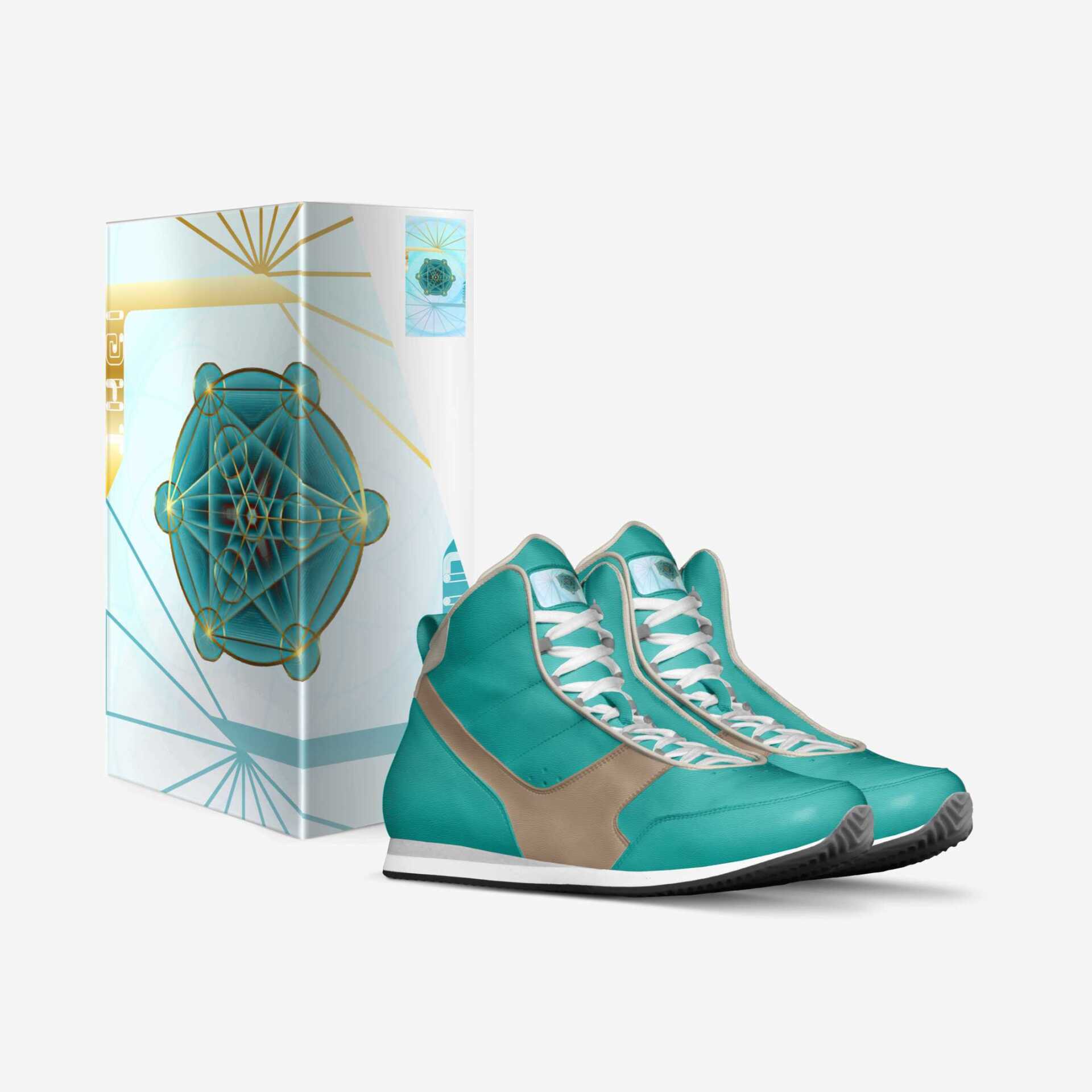 a pair of teal high top sneakers next to a white box