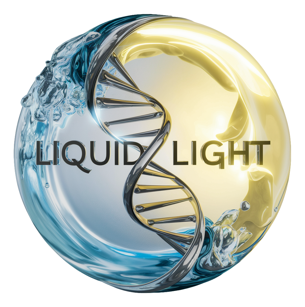 A logo for liquid light with a dna strand in the middle