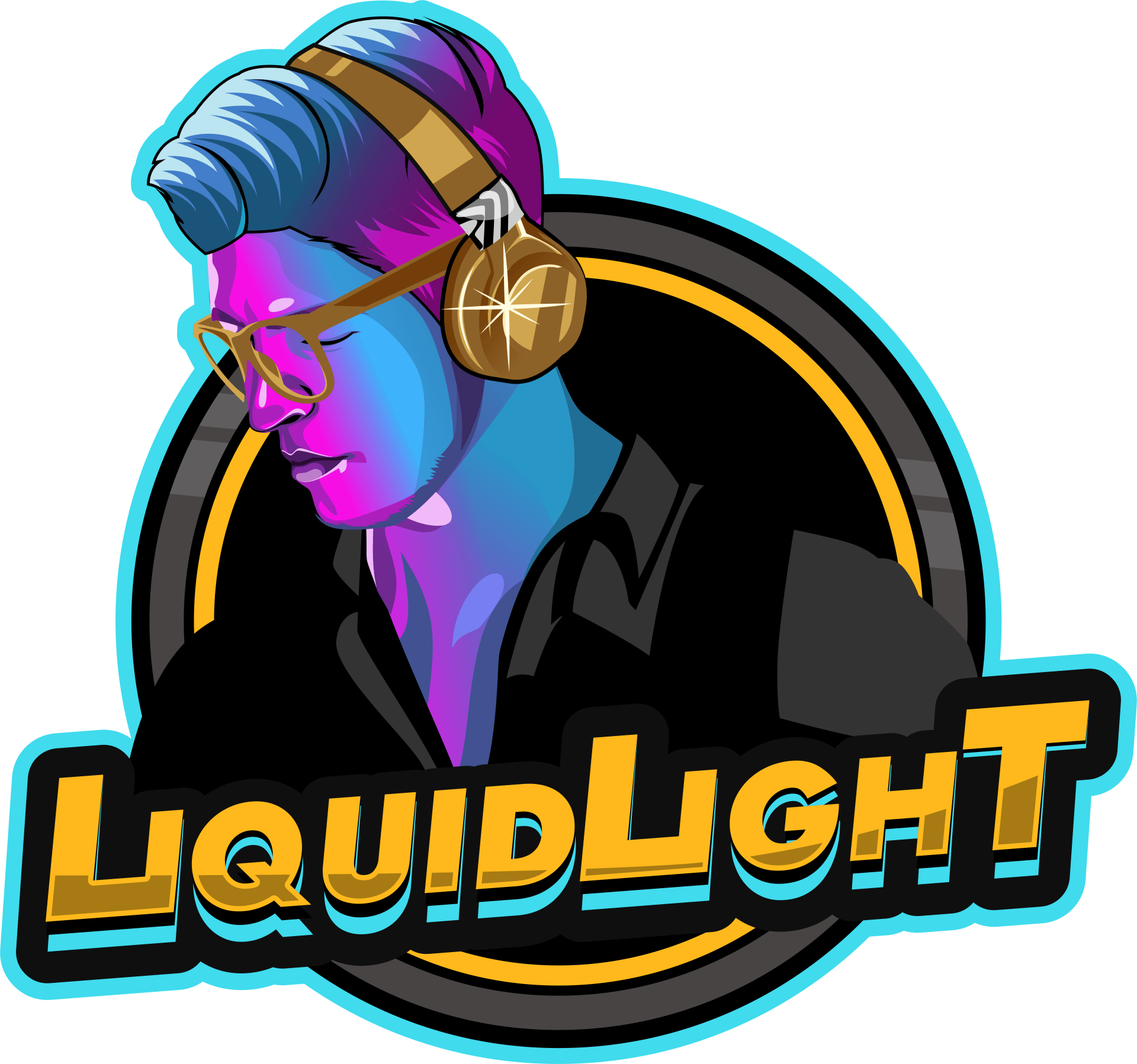 the logo for liquidlight shows a man wearing headphones and glasses .