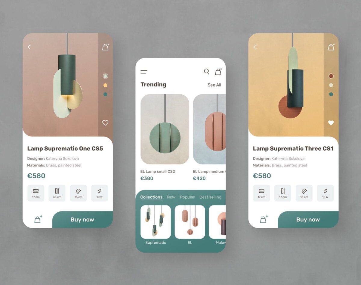 three phones are displaying different types of lamps .