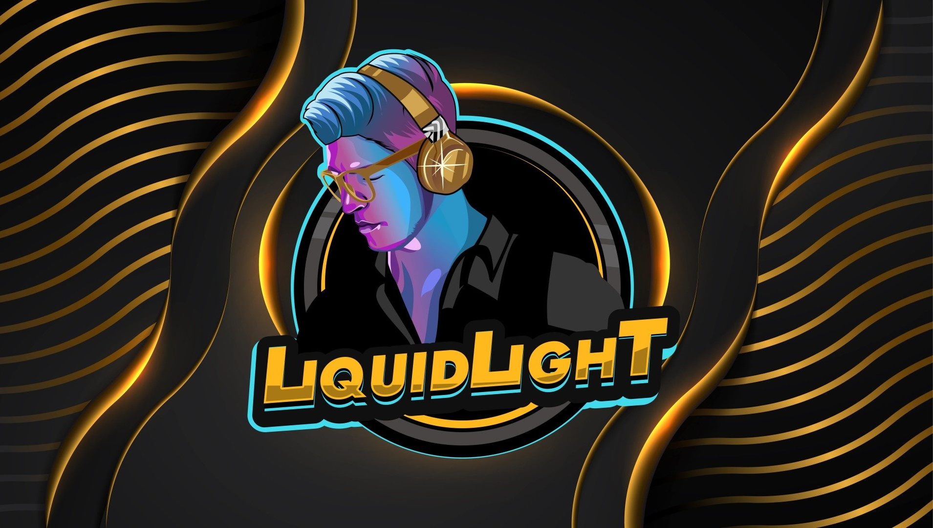 a logo for liquidlight shows a man wearing headphones and glasses .