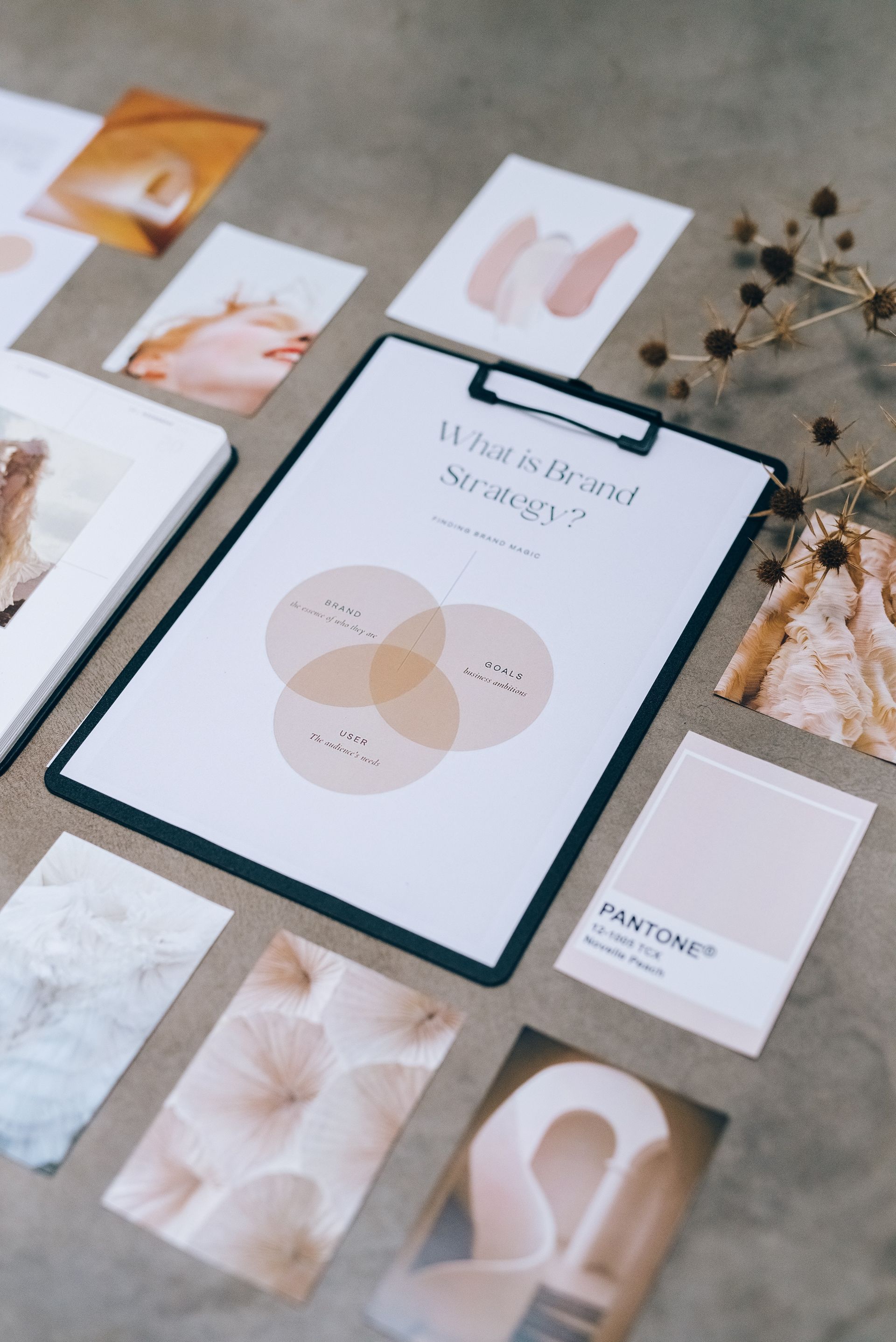 a clipboard is sitting on top of a table surrounded by papers and cards .