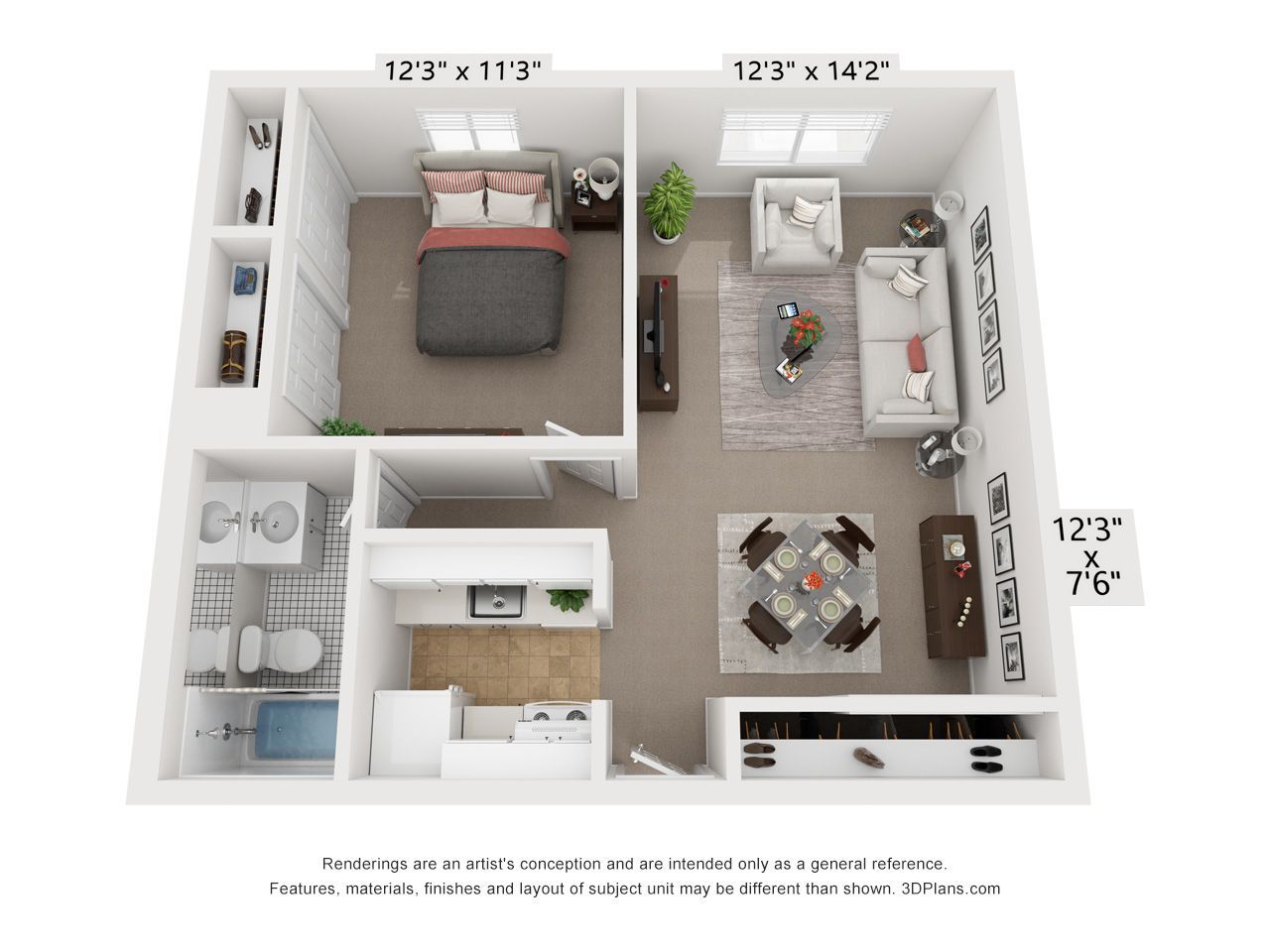 3D floor plan of a small apartment with bedroom, kitchen, living area, and bathroom, shown from above