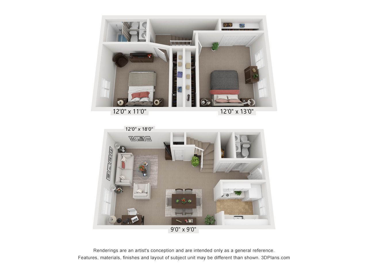 Two small apartment floor plans with bedroom, bathroom, kitchen, and living spaces shown from above.