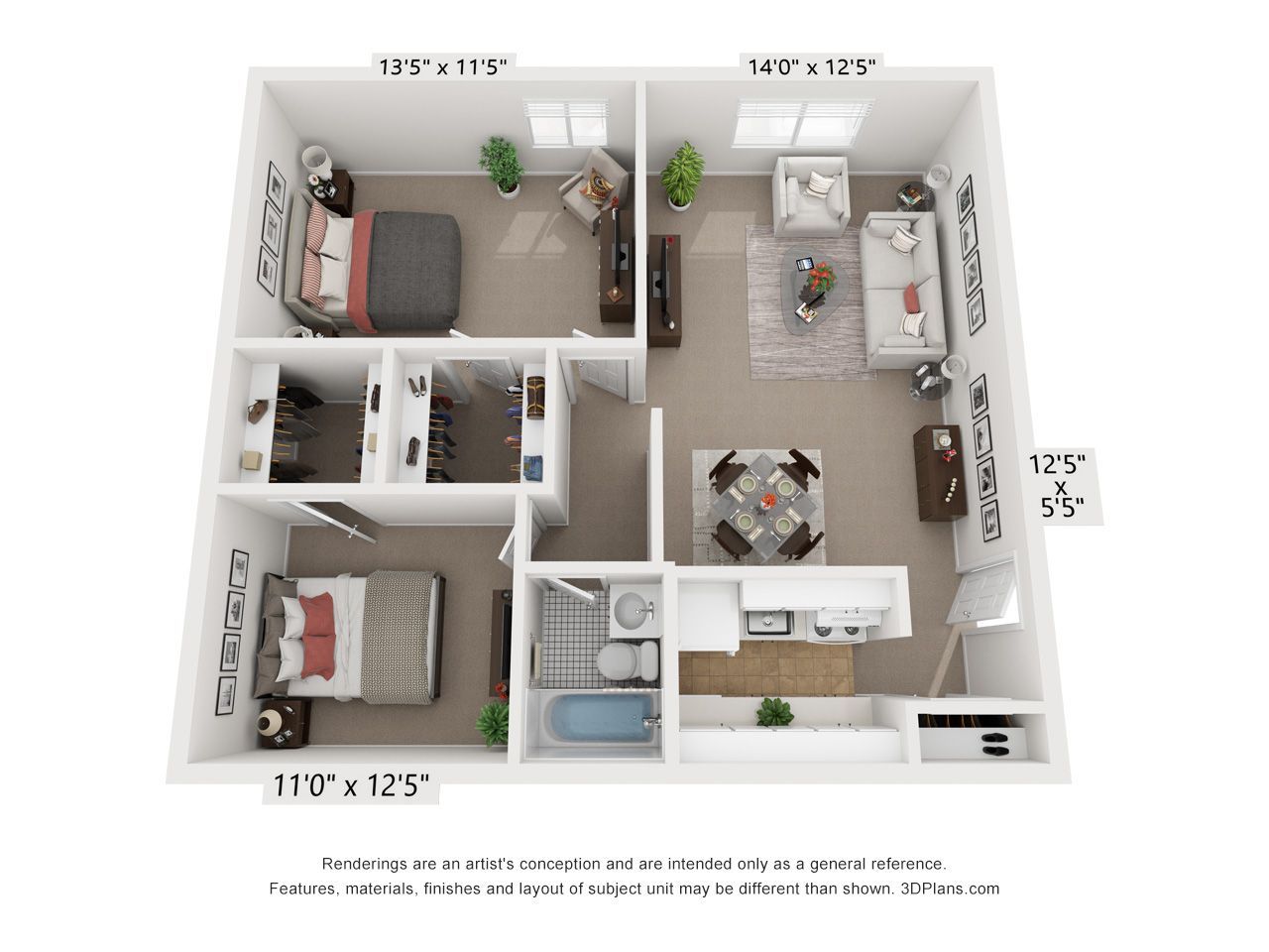 3D floor plan of a small apartment with living room, kitchen, bath, and two bedrooms