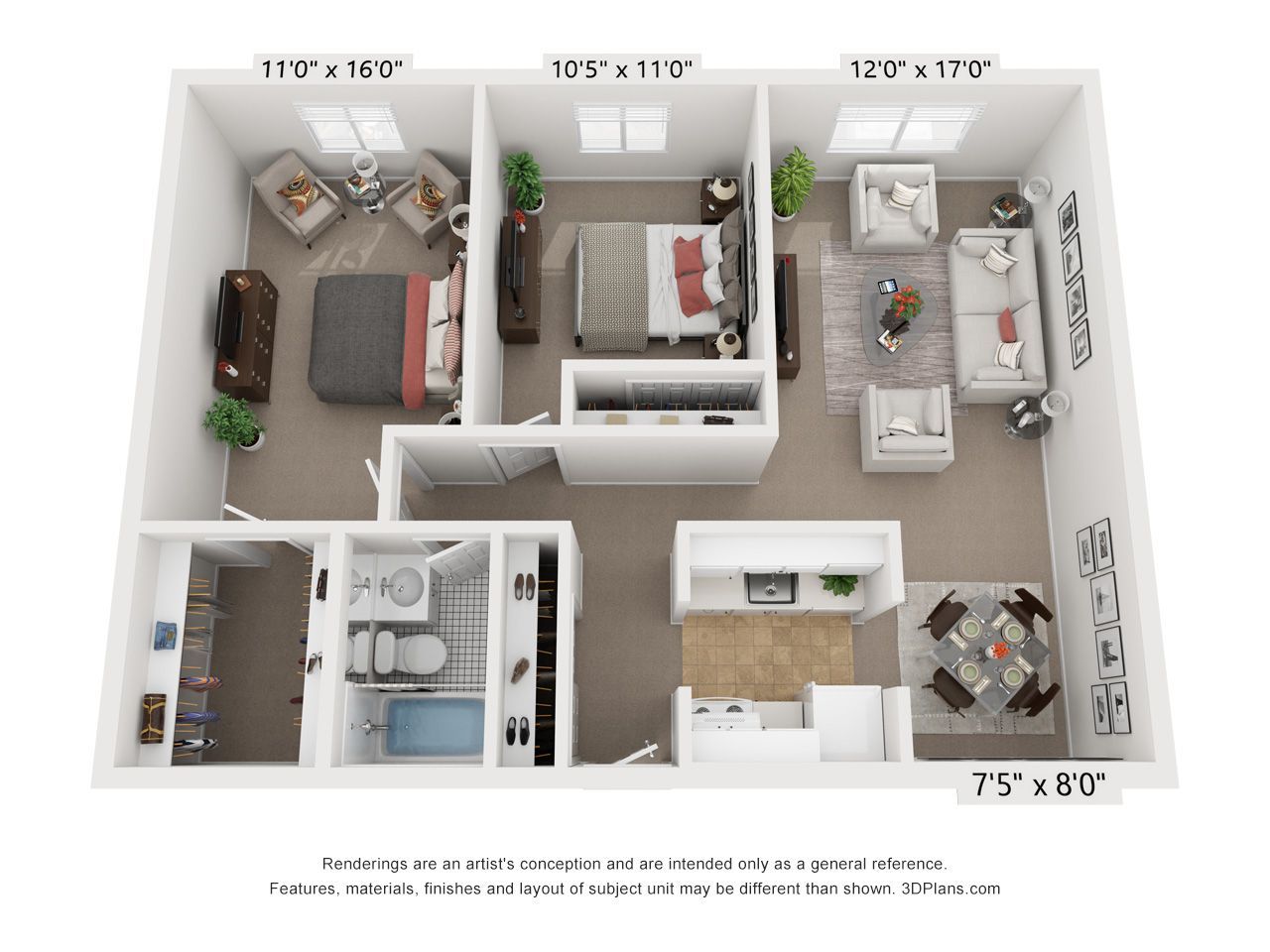 3D floor plan of a small apartment with living room, bedroom, kitchen, bath, and balcony