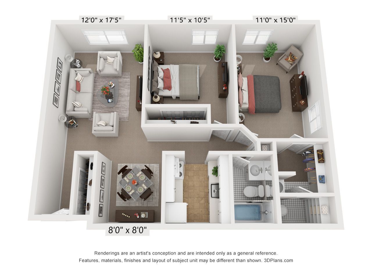 3D floor plan of a small apartment with living room, bedroom, kitchen, bathroom, and dining area