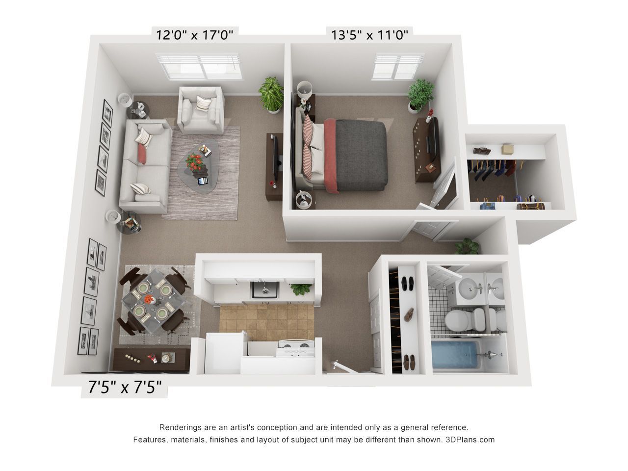 3D floor plan of a small apartment with bedroom, living area, kitchen, bath, and balcony/utility space