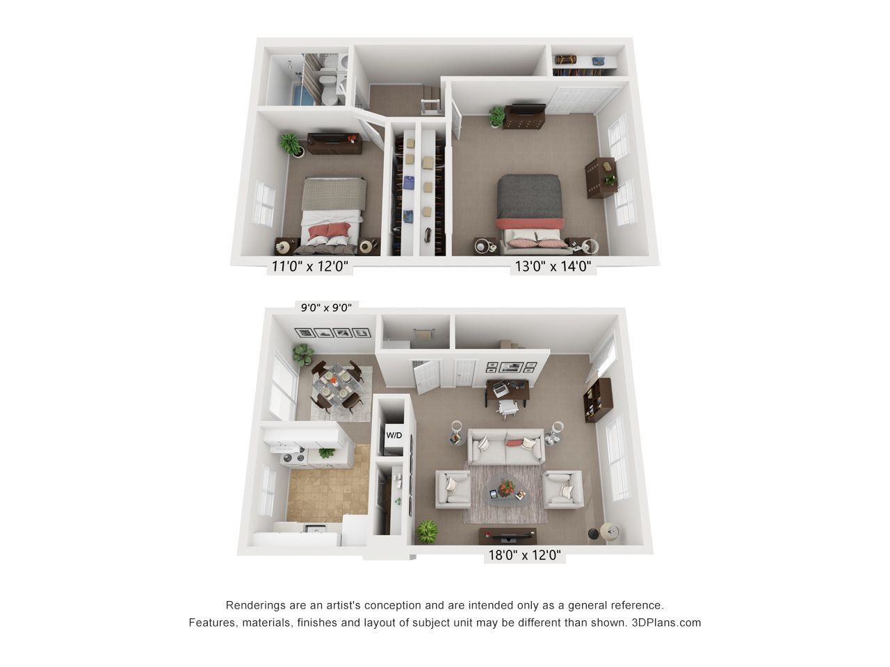 Two-floor apartment floor plan with furniture, bedrooms, living area, kitchen, and bathroom.