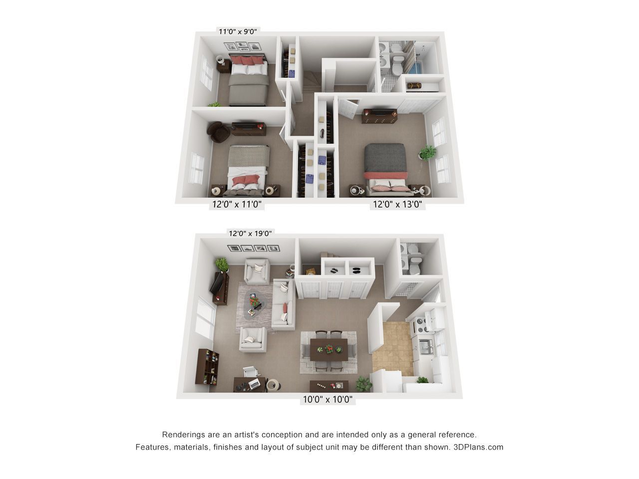 Top-down 3D floor plan of a small apartment with living room, kitchen, bathroom, and bedroom.