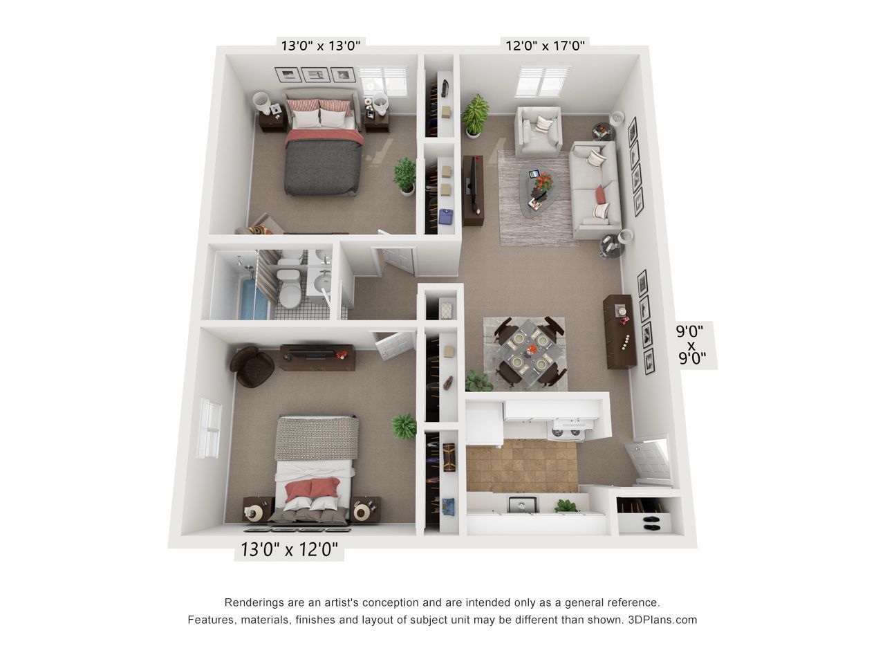 3D floor plan of a compact apartment with bedroom, bathroom, kitchen, and living area, shown in top-down view