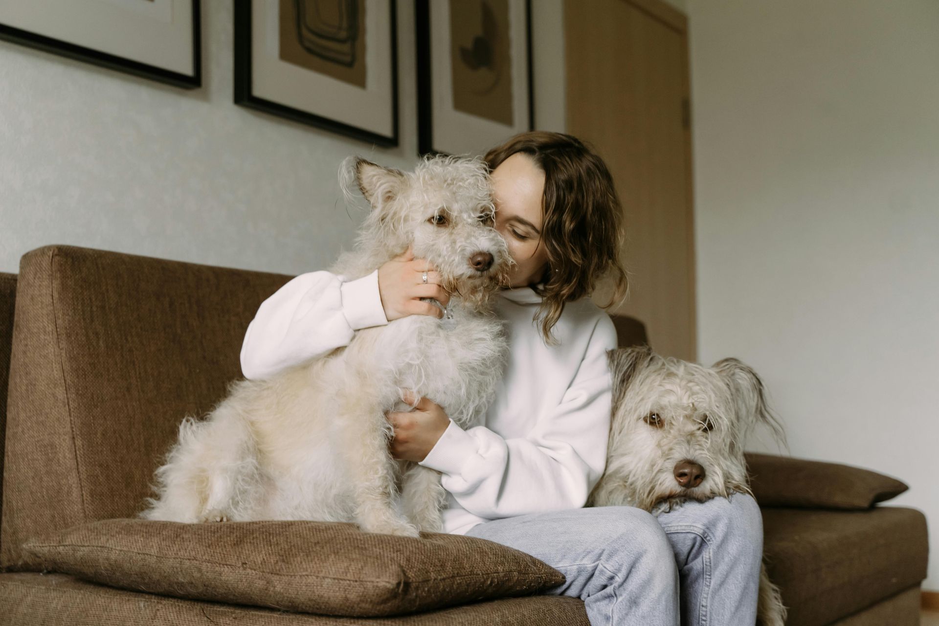 Woman on brown couch hugs two light-colored dogs; framed art on wall.