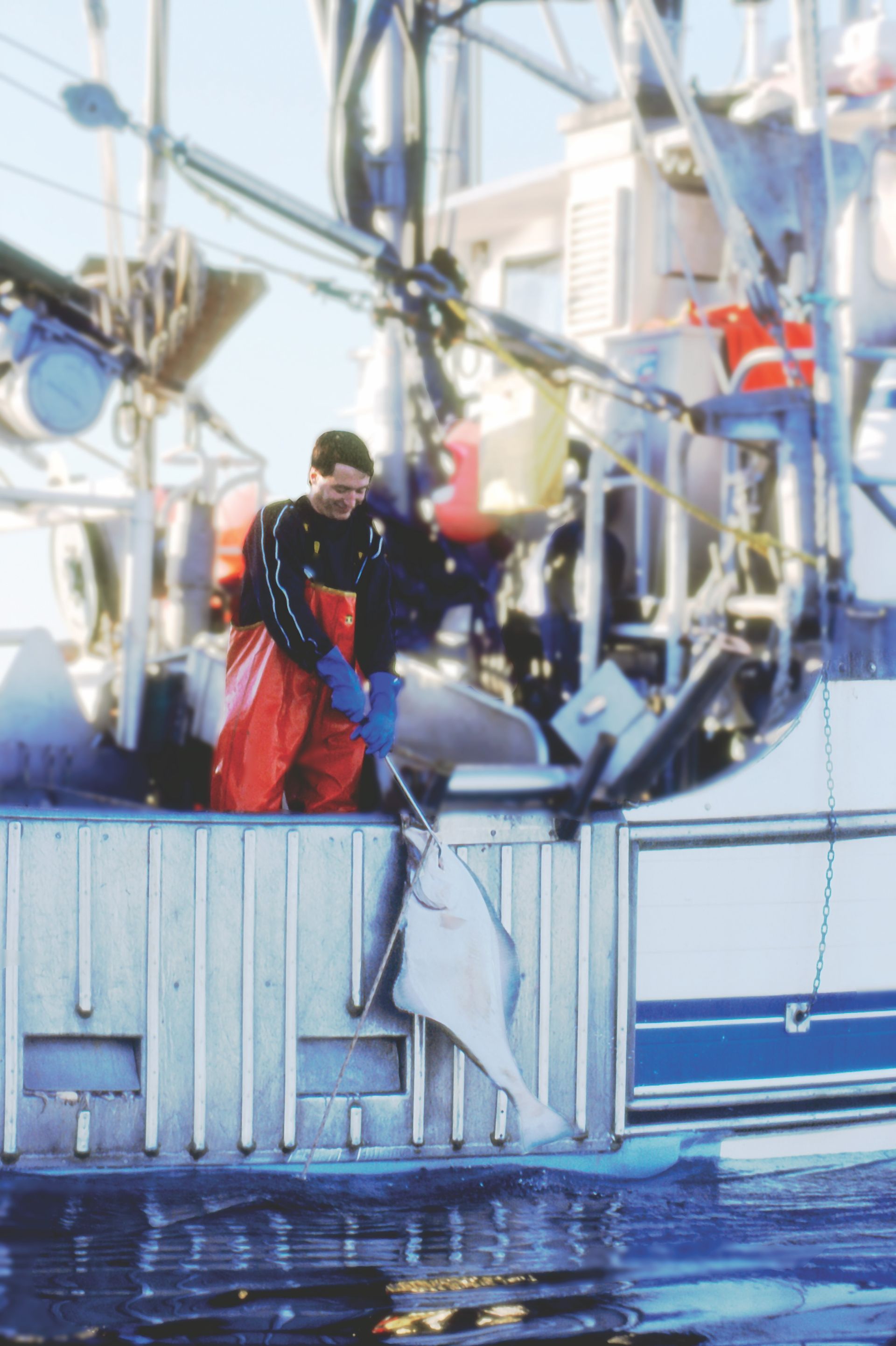 A man is standing on a boat holding a fish.