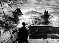 A group of people are rowing boats in the ocean.