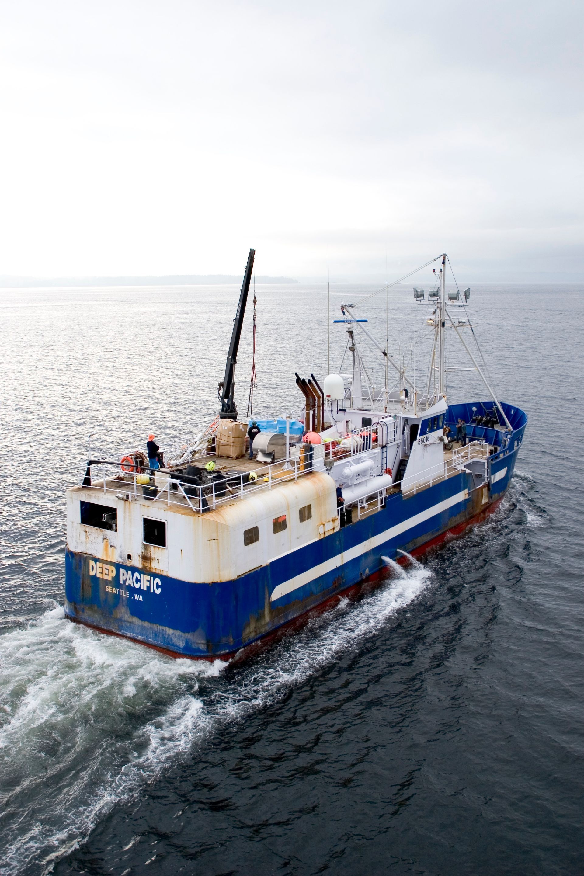 A large blue and white ship is floating on top of a body of water.