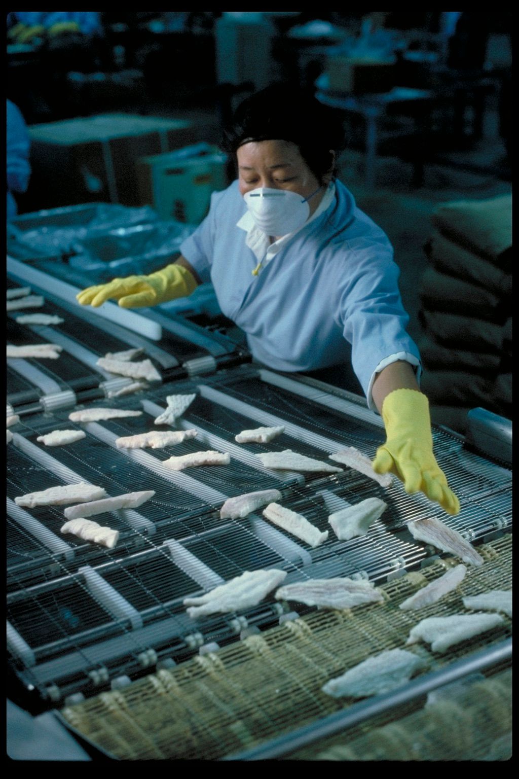 A woman wearing a mask and yellow gloves is working on a conveyor belt