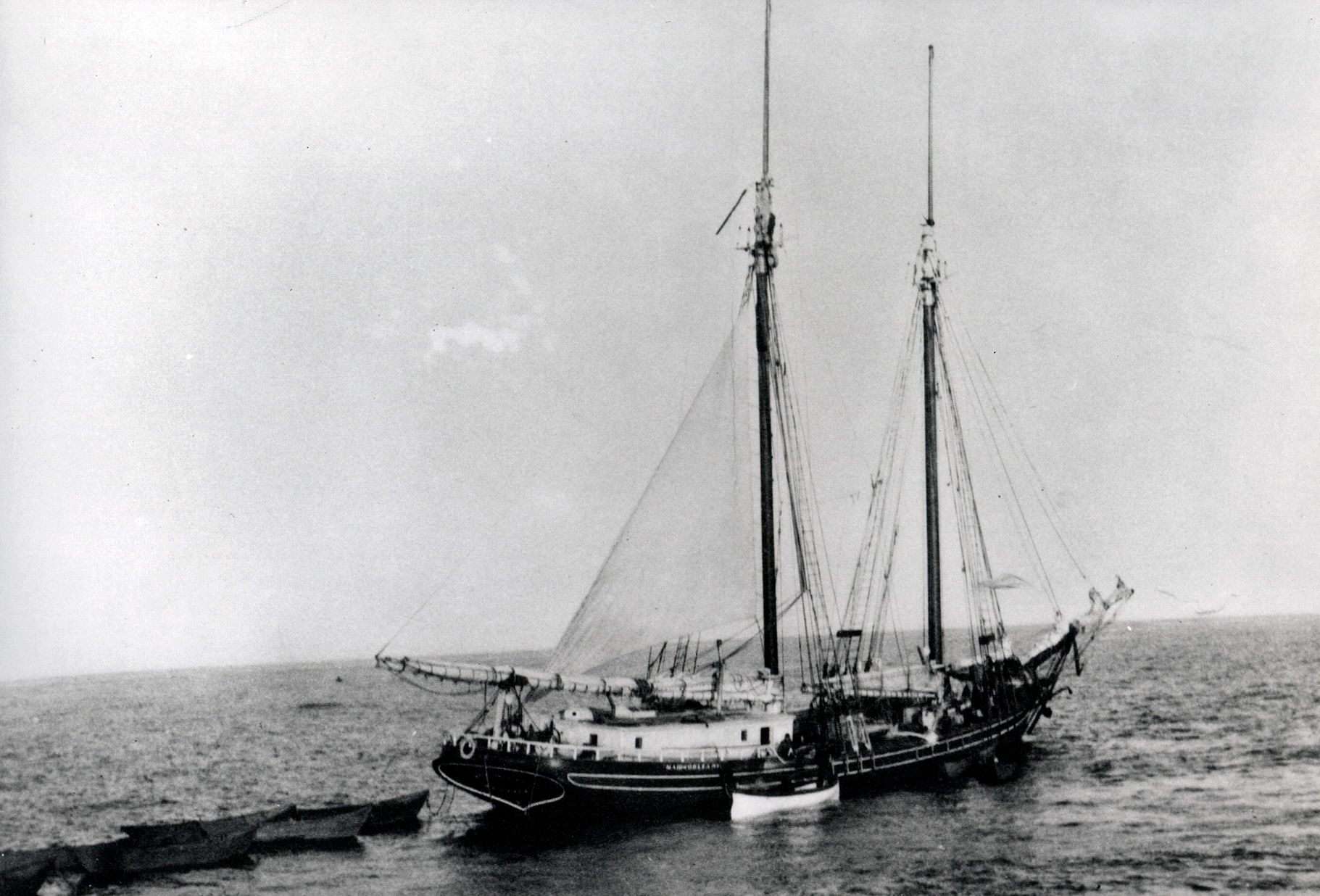 A black and white photo of a sailboat in the ocean