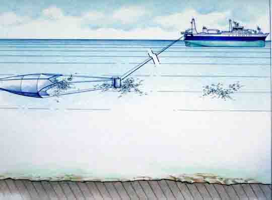 A drawing of a boat in the ocean with an anchor attached to it.