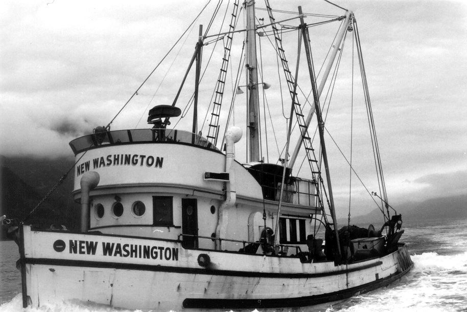 A black and white photo of a boat called new washington