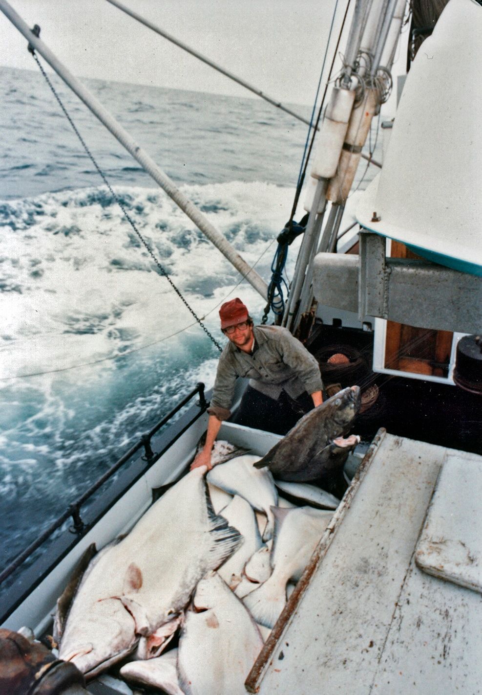 A man on a boat with a bunch of fish on the deck